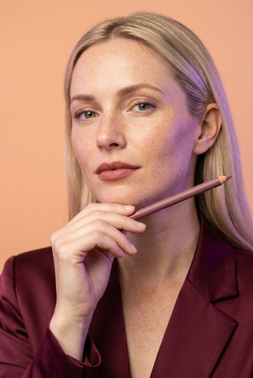 Adult blonde model holding unbranded mauve lip pencil