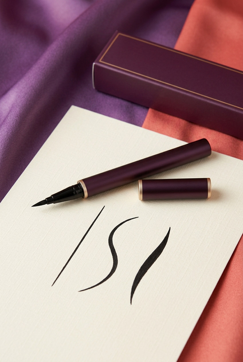 Plum felt-tip eyeliner beside three illustrative black stroke shapes on cream paper.