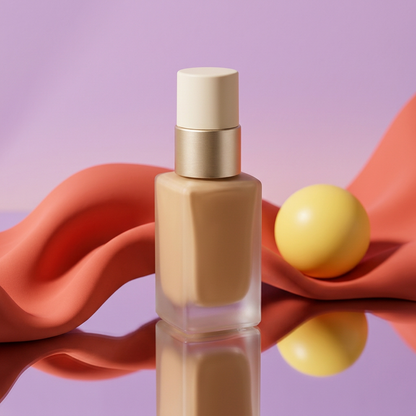 Foundation bottle on mirrored lavender platform with coral fabric