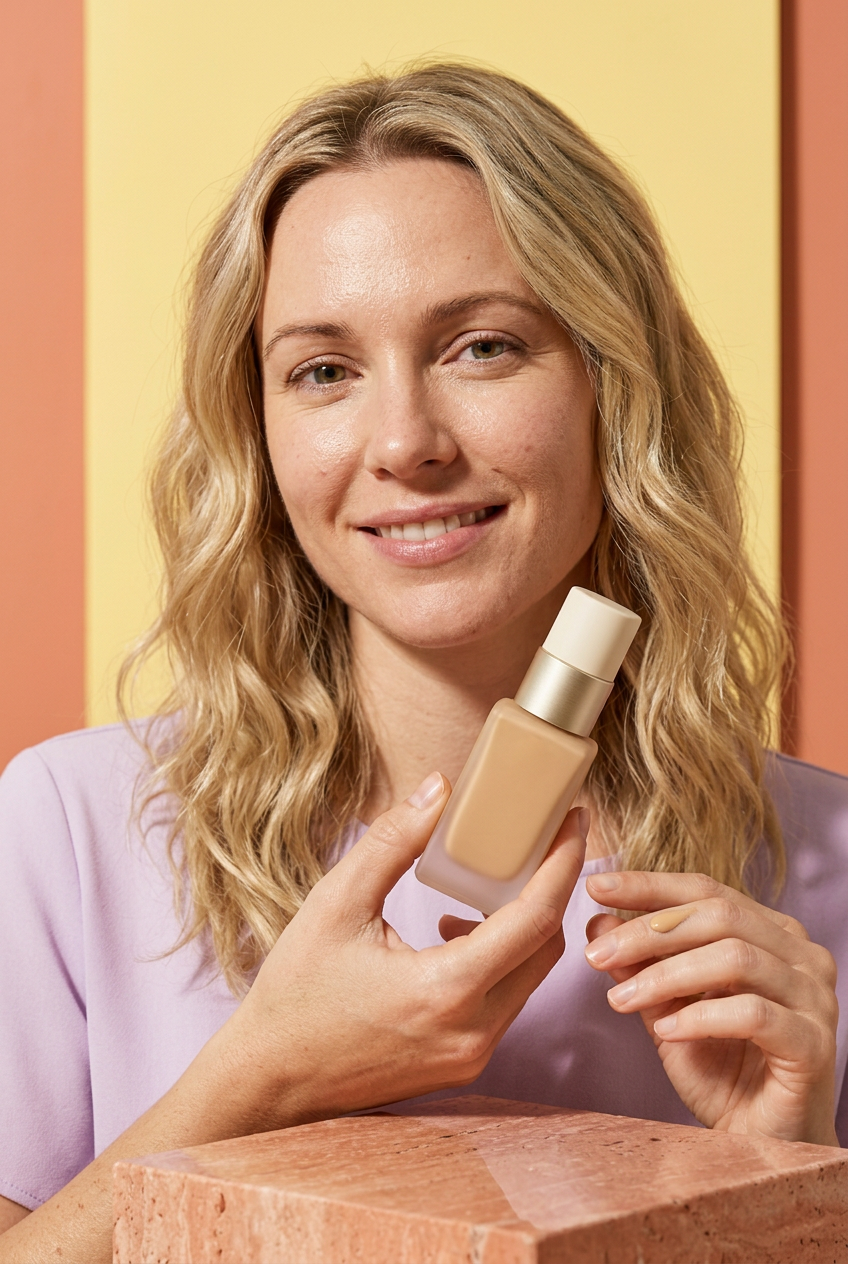 AI-generated blonde adult model holding unbranded foundation bottle