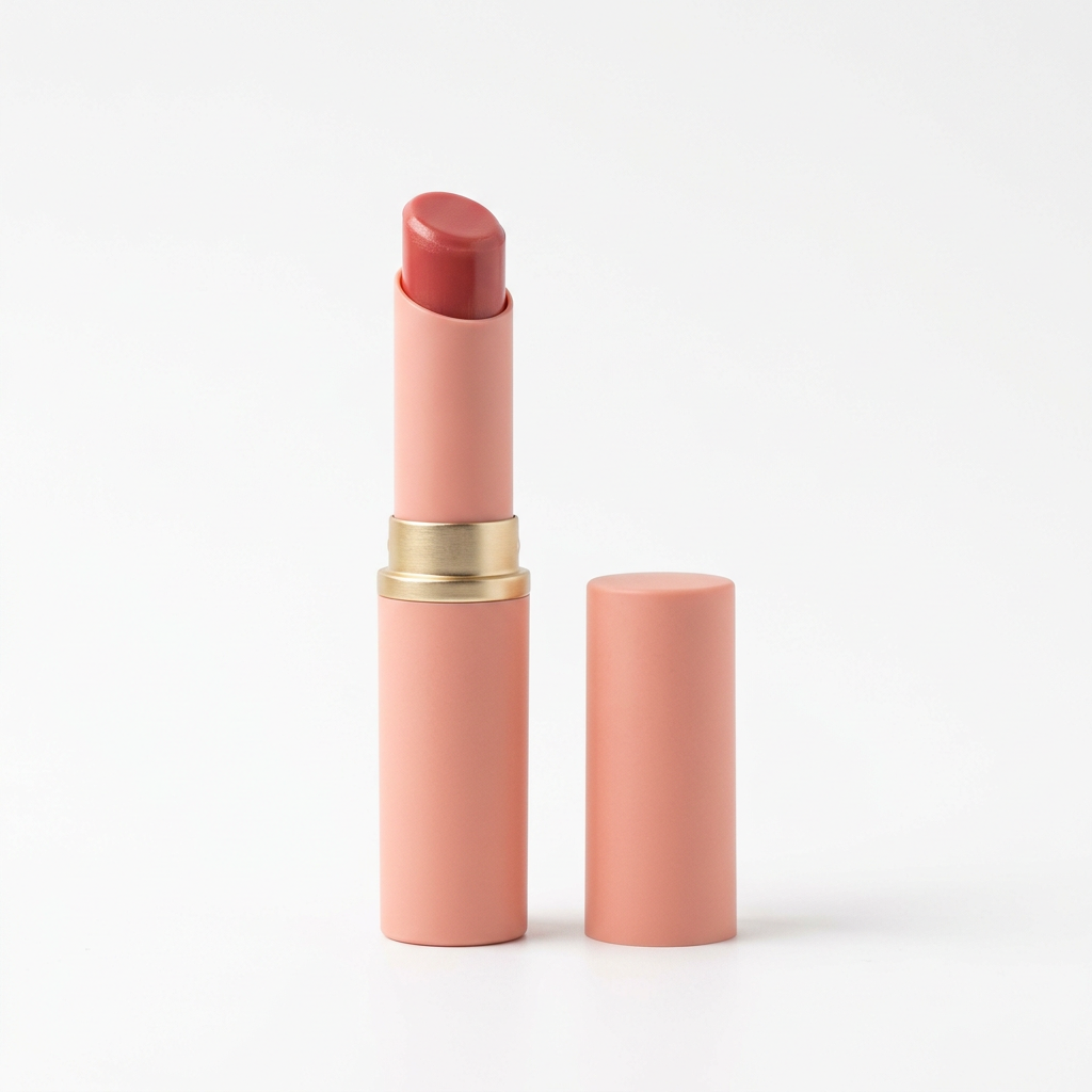 Unbranded peach and gold tinted lip balm and cap on a white background