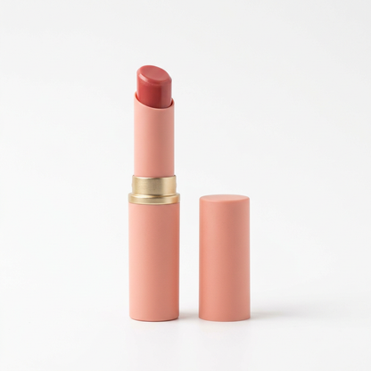 Unbranded peach and gold tinted lip balm and cap on a white background