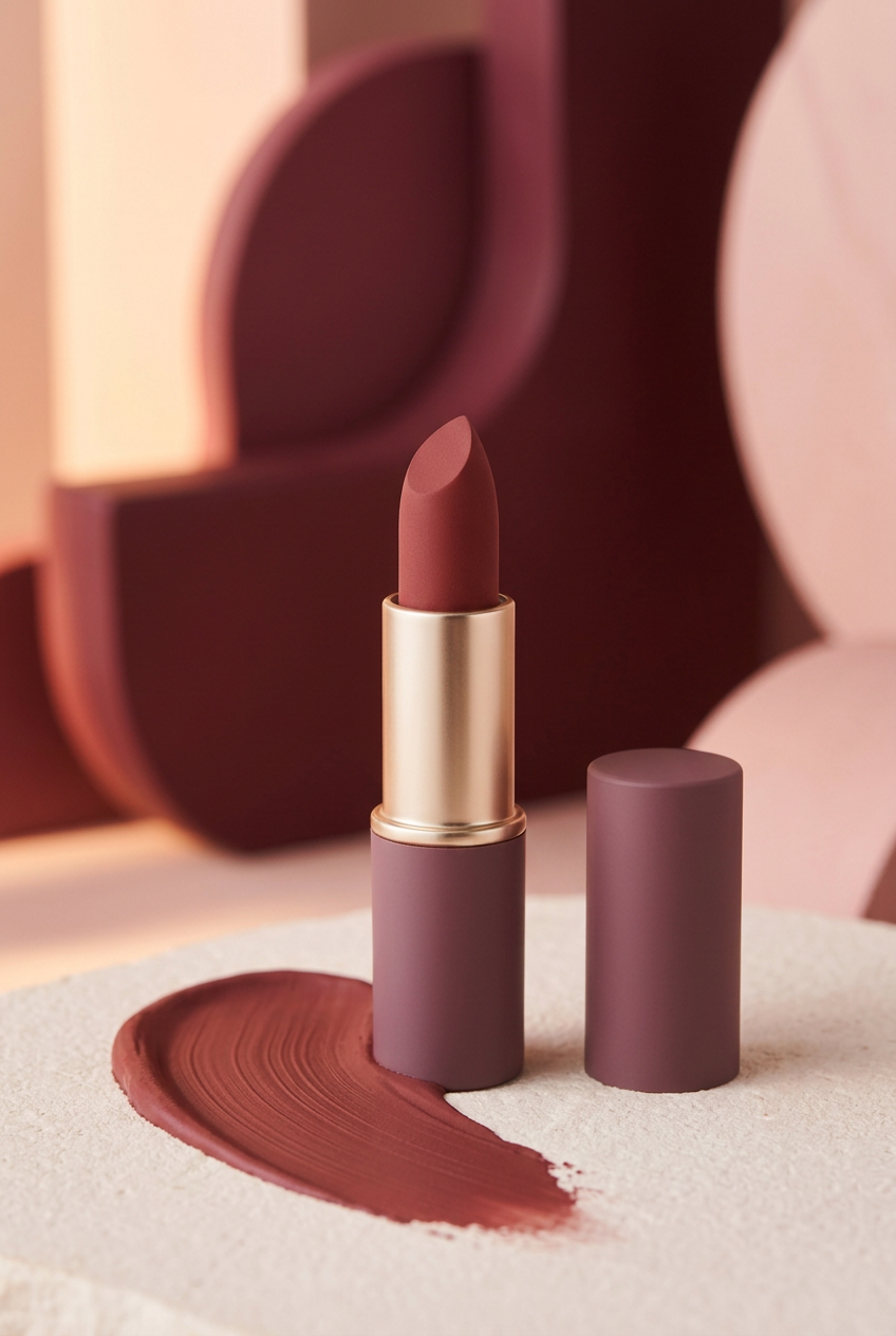 Rosewood lipstick with a matching pigment smear in a richly colored studio setting.