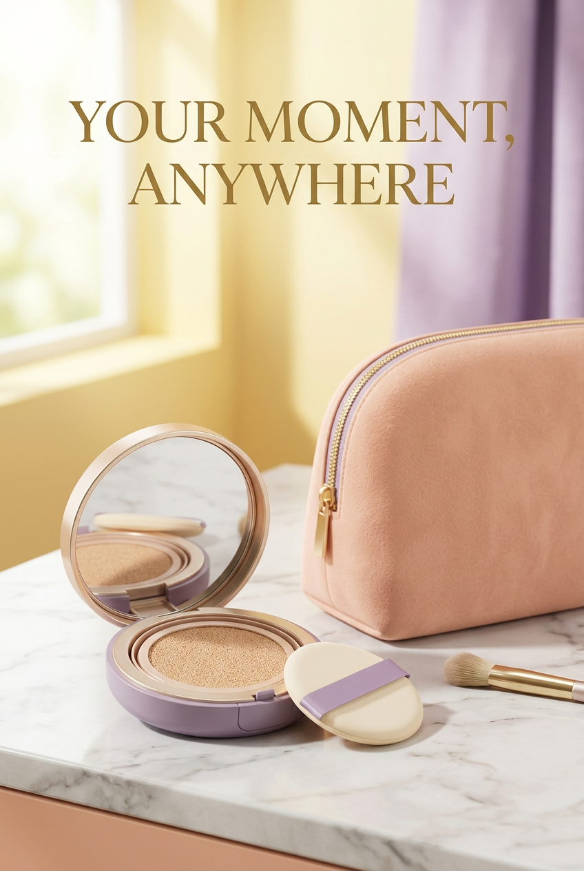 Open compact styled beside a peach makeup pouch and lilac fabric