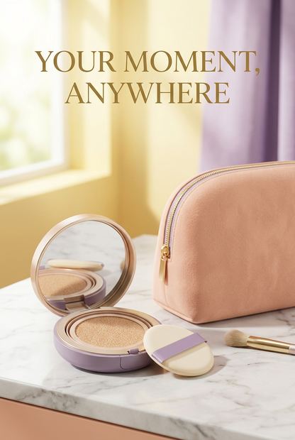 Open compact styled beside a peach makeup pouch and lilac fabric
