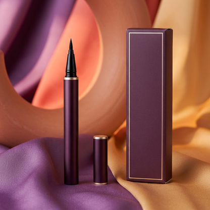 Unbranded plum eyeliner pen and matching carton against lilac coral and gold fabric.