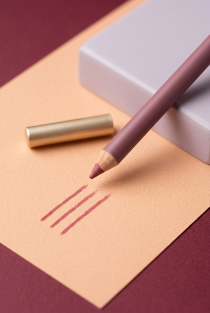 Rosewood pencil with three color strokes on peach surface