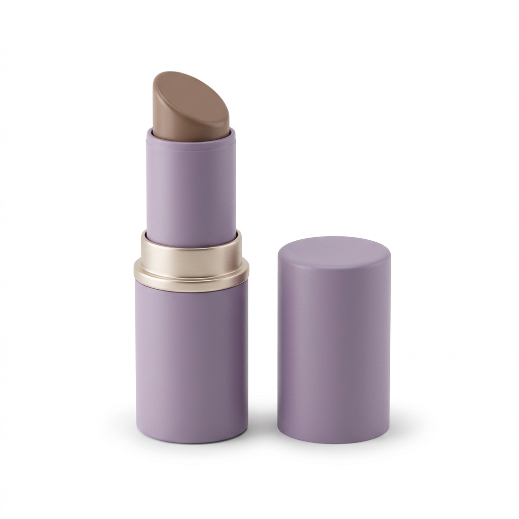 Open taupe contour stick and matching lavender cap on a white background, with a champagne-toned collar and no logo.