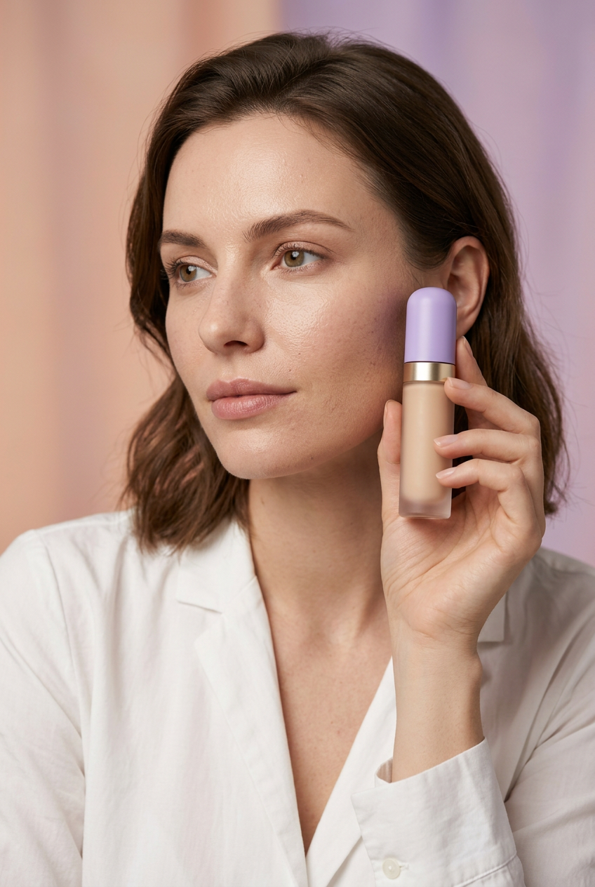 AI-generated adult model holding the lavender-cap concealer concept.