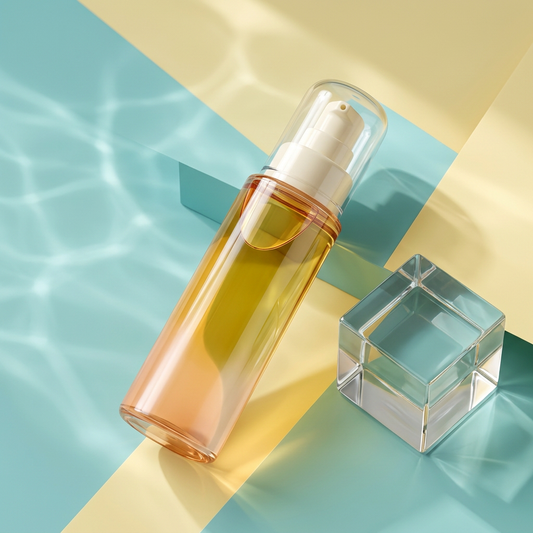 Unbranded peach cleansing oil bottle on an aqua and pale yellow background