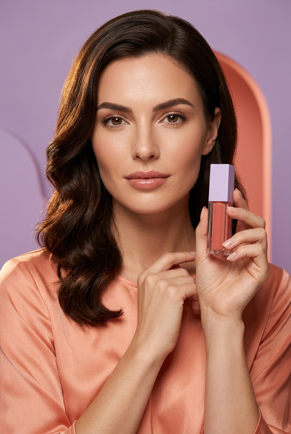 AI-generated brunette adult model holding the lip gloss