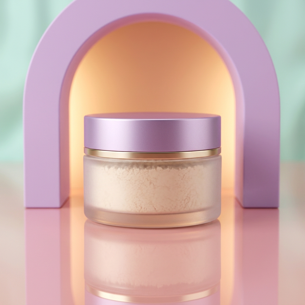 Loose setting powder jar before a lilac arch on a reflective blush surface