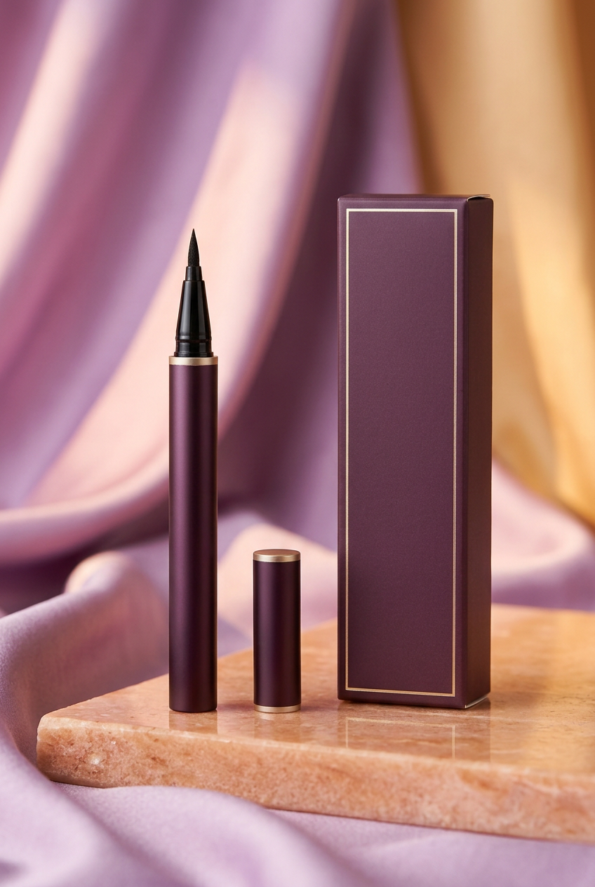 Plum eyeliner, single cap and matching plain carton displayed on peach stone with lilac fabric.