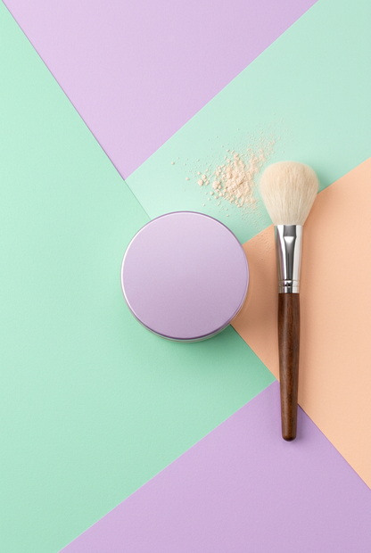 Overhead lavender powder jar with styling brush on pastel color blocks