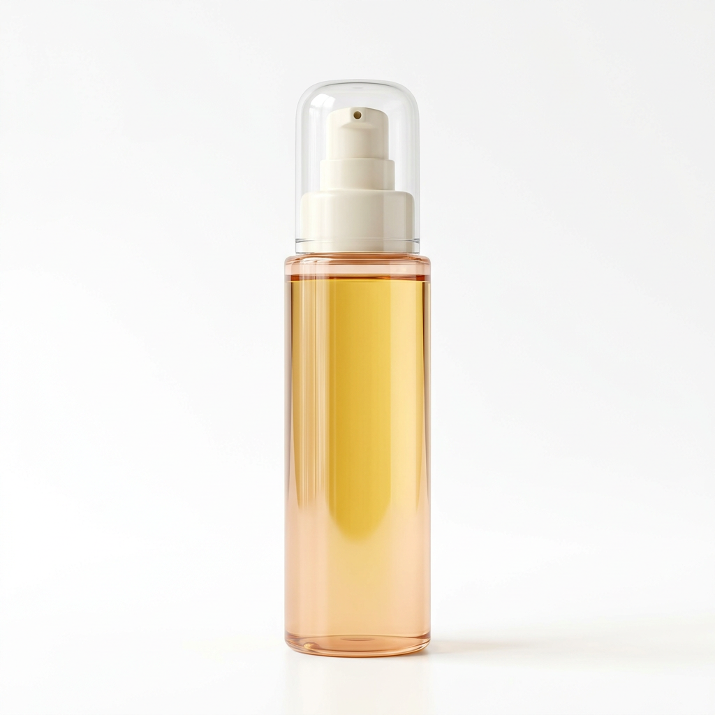 Golden cleansing oil in a blank peach-tinted cylindrical bottle with ivory pump and transparent cap on a white background