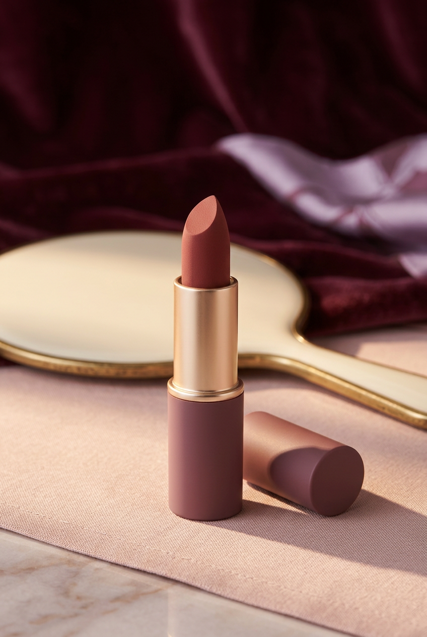 Rosewood matte lipstick in a warm afternoon vanity setting.