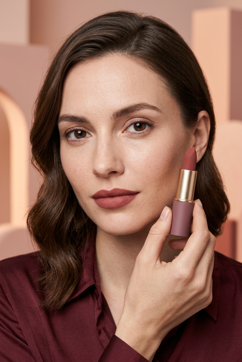 Brunette adult model holding the rosewood lipstick beside her cheek.