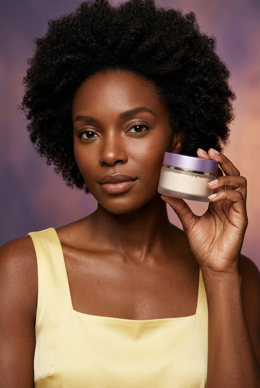 Adult beauty model with dark curly hair holding matching lavender powder jar