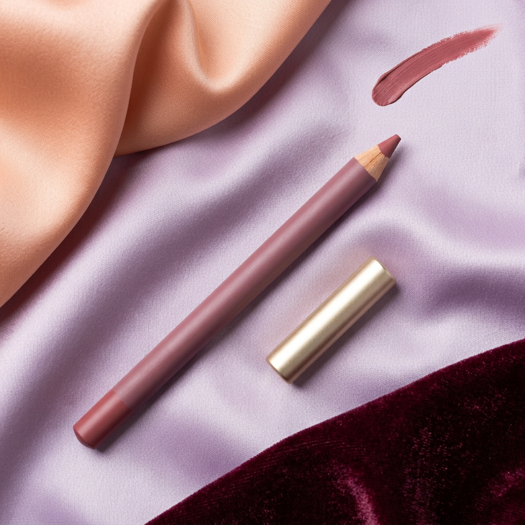 Rosewood lip pencil and gold cap on lilac satin