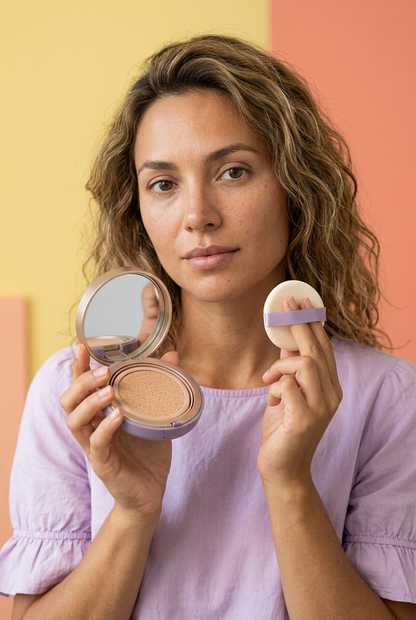 Adult model holding the open lilac cushion compact and puff