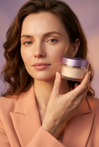 Brunette adult beauty model holding unbranded lavender powder jar beside cheek