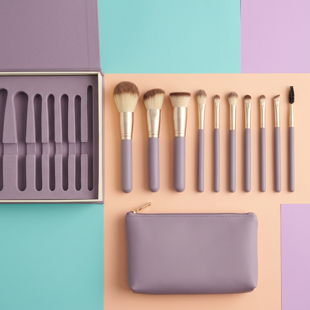Overhead arrangement of the lavender makeup brush collection
