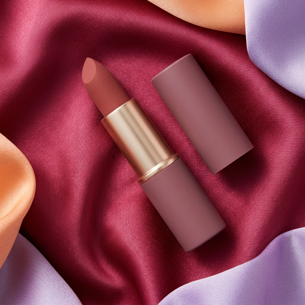 Rosewood matte lipstick and matching logo-free mauve cap on raspberry satin with peach and lavender fabric accents.