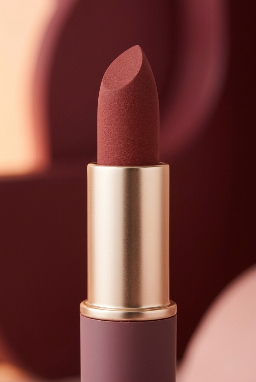 Close-up of the rosewood matte lipstick bullet and champagne-gold barrel.