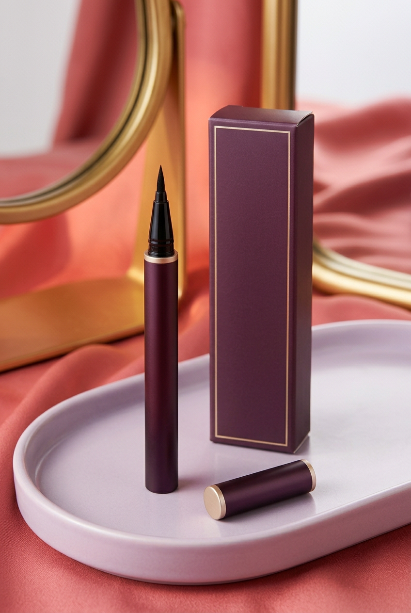 Plum eyeliner, cap and matching carton on a lilac tray beside a gold mirror and coral fabric.