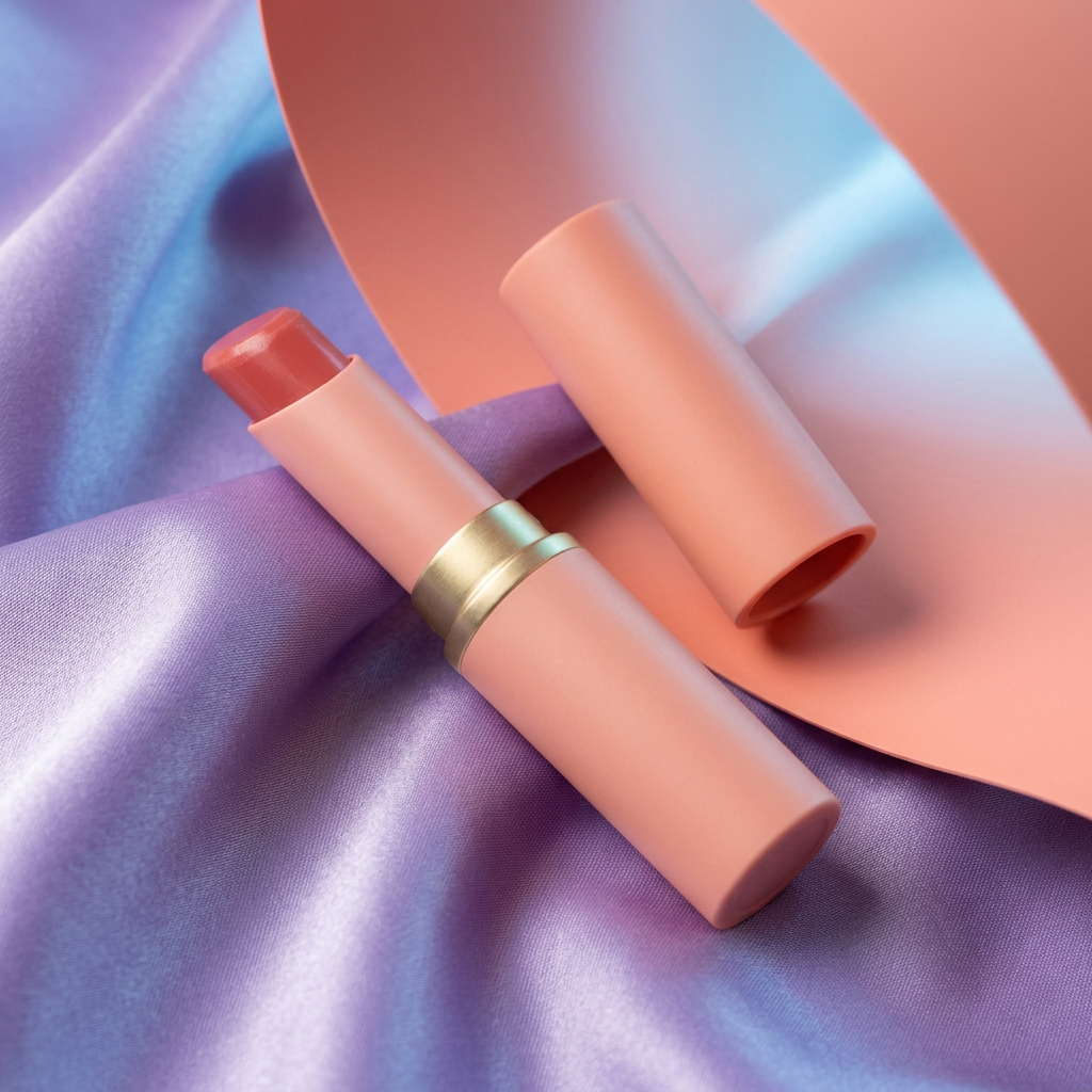 Peach and gold tinted lip balm arranged on lavender satin