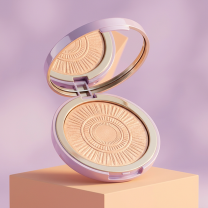 Open lilac highlighter compact with gold-tone rim and champagne-peach sunburst powder on a peach pedestal