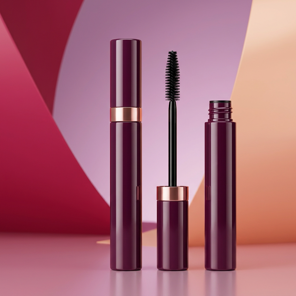 Concept visualization of unbranded plum mascara packaging with rose-gold collar and tapered black bristle wand against raspberry, lilac and peach scenery.