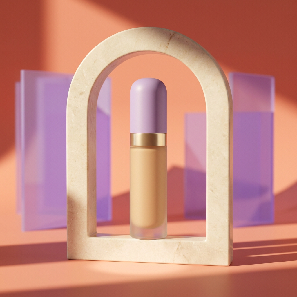 Concealer concept styled against a coral geometric backdrop.