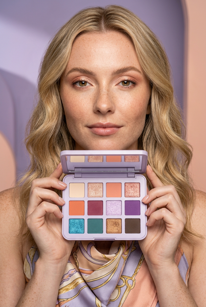 AI-generated blonde adult model holding the open palette