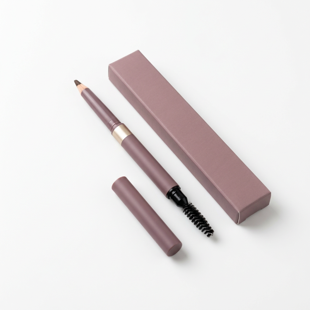 Unbranded dusty mauve eyebrow pencil with dark brown point, black spoolie, champagne accent and matching plain carton on white.