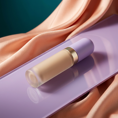 Unbranded concealer concept styled with lilac acrylic and peach satin.