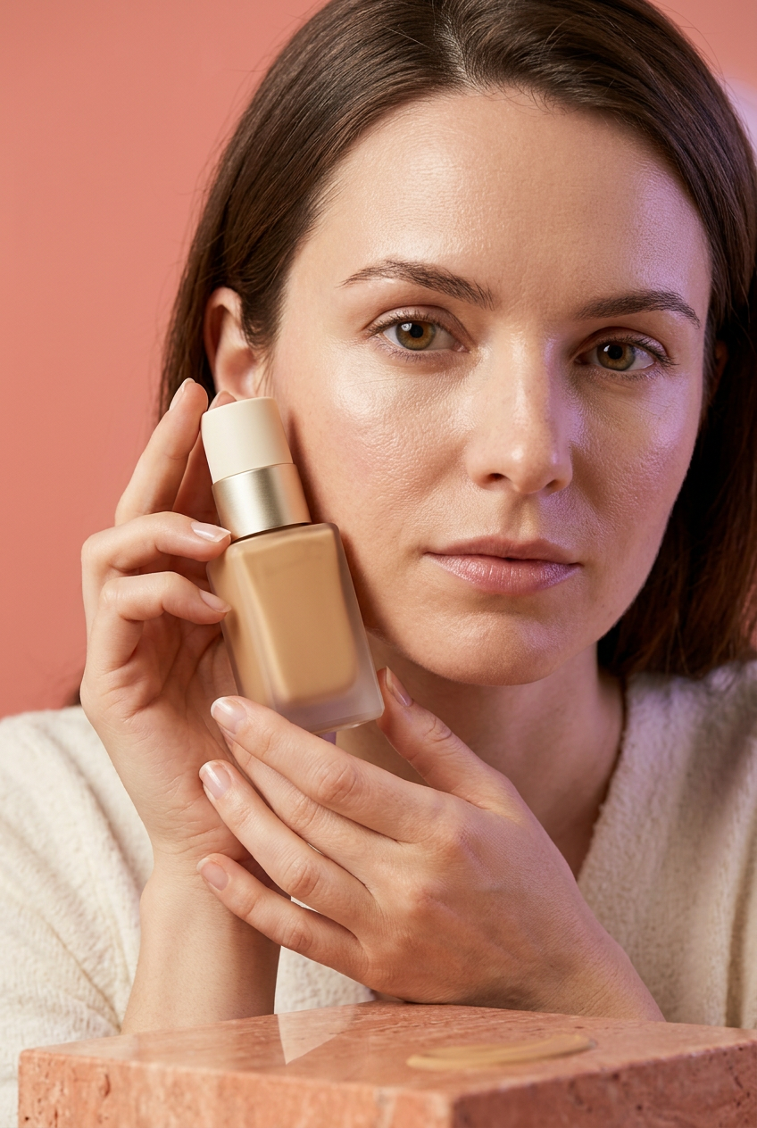 AI-generated brunette adult model holding unbranded foundation bottle