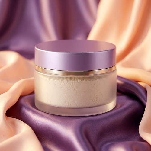Lavender and gold loose powder jar styled on lilac and peach satin