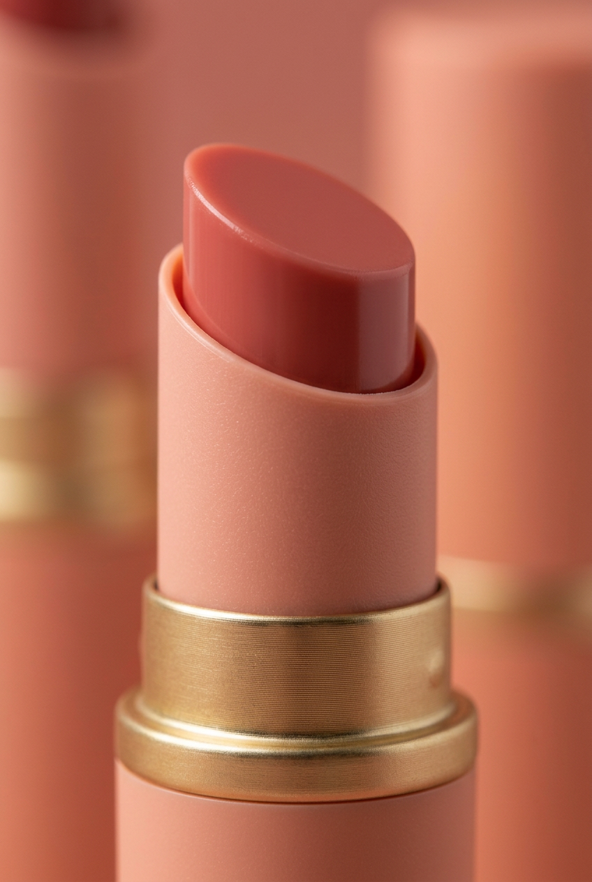 Macro detail of the rose-coral balm bullet and gold collar