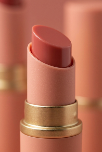 Macro detail of the rose-coral balm bullet and gold collar