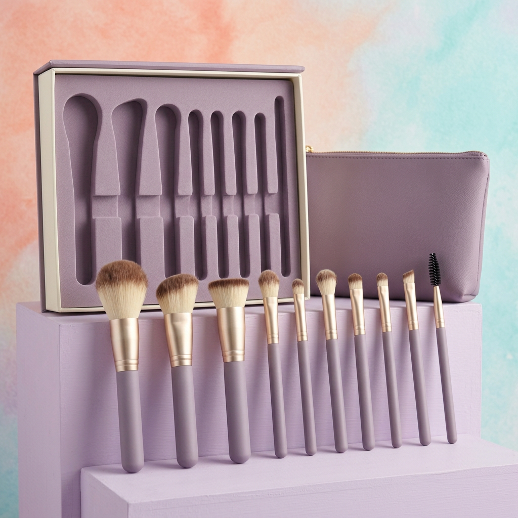 Lavender makeup brush set in a colorful studio setting