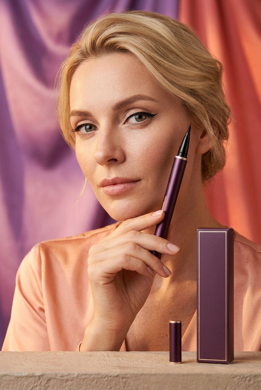 Blonde adult model holding the unbranded plum eyeliner beside her cheek with matching packaging in the foreground.