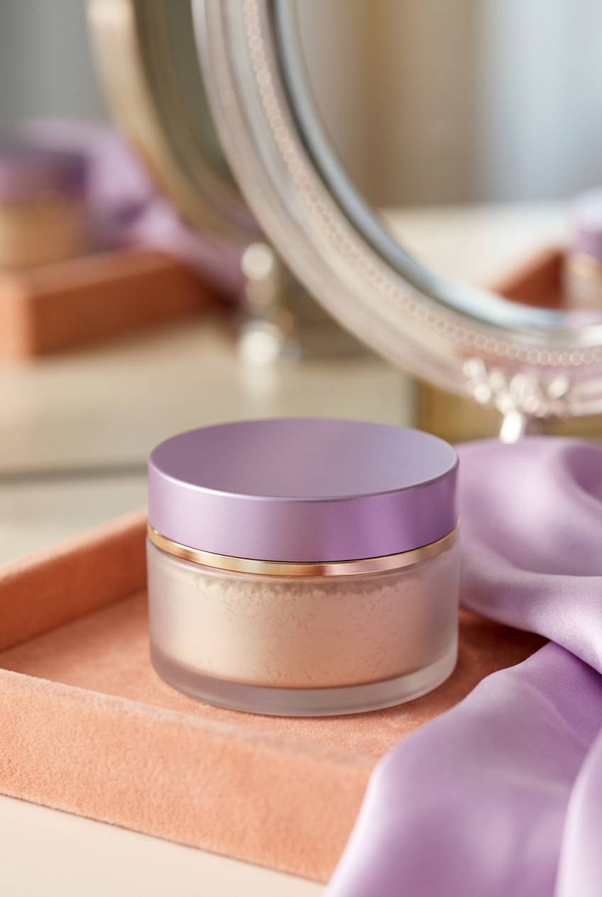 Lavender powder jar on peach vanity tray beside mirror and lilac fabric