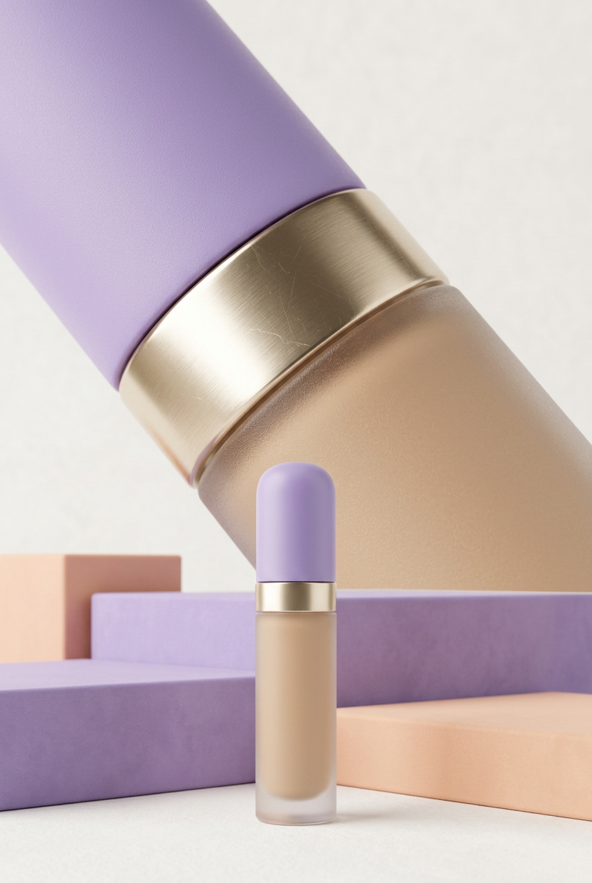 Close view of the lavender cap, champagne collar, and frosted tube concept.