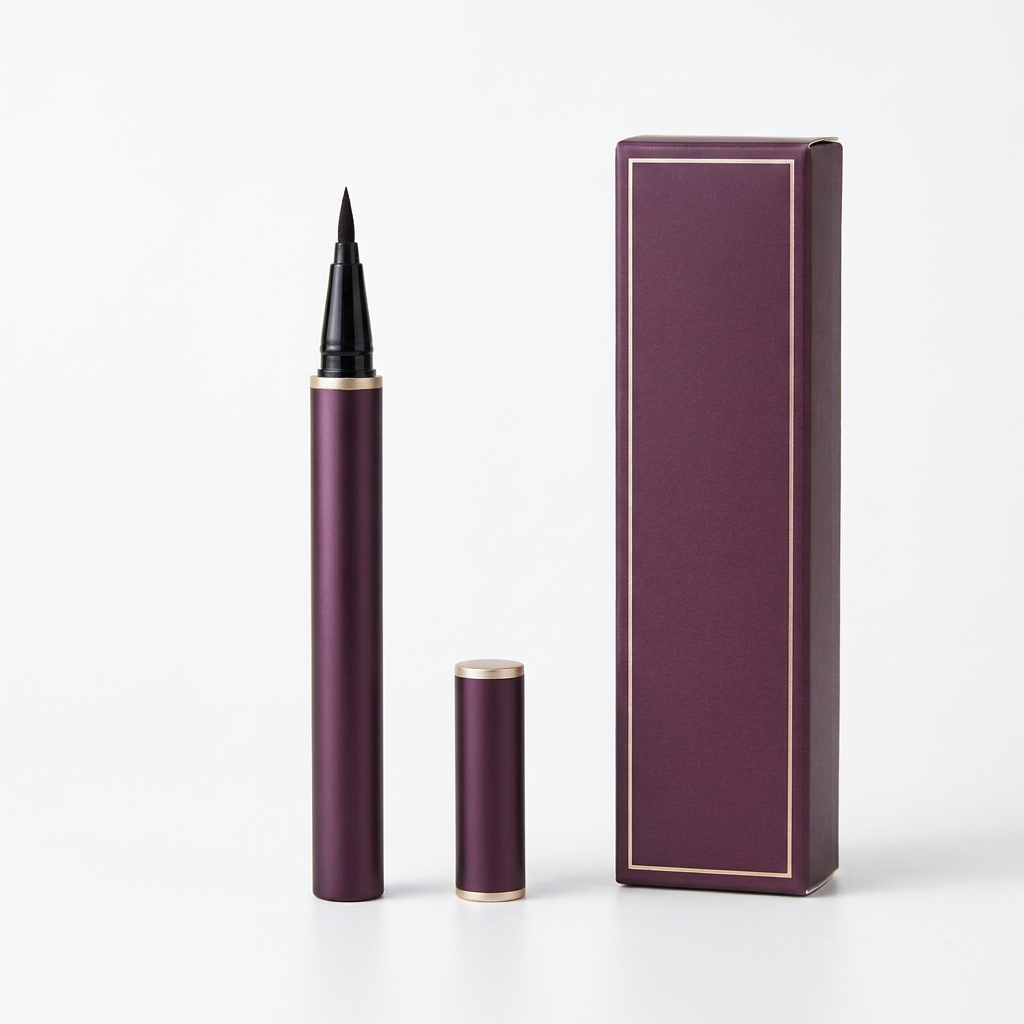 Unbranded plum eyeliner pen, matching cap and gold-bordered carton on a white background.