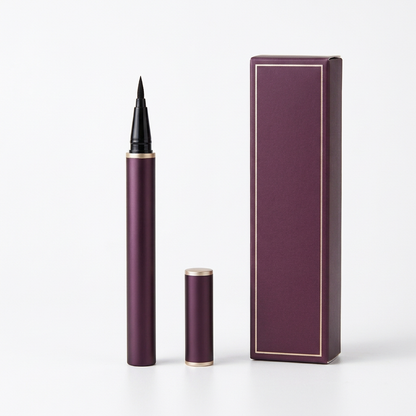 Unbranded plum eyeliner pen, matching cap and gold-bordered carton on a white background.