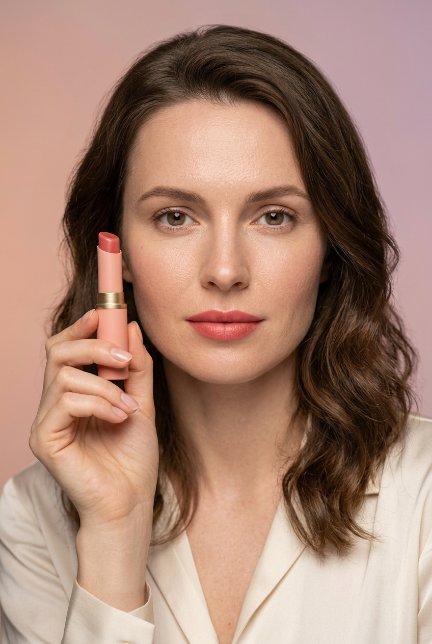 Brunette adult model holding peach and gold tinted lip balm beside her face