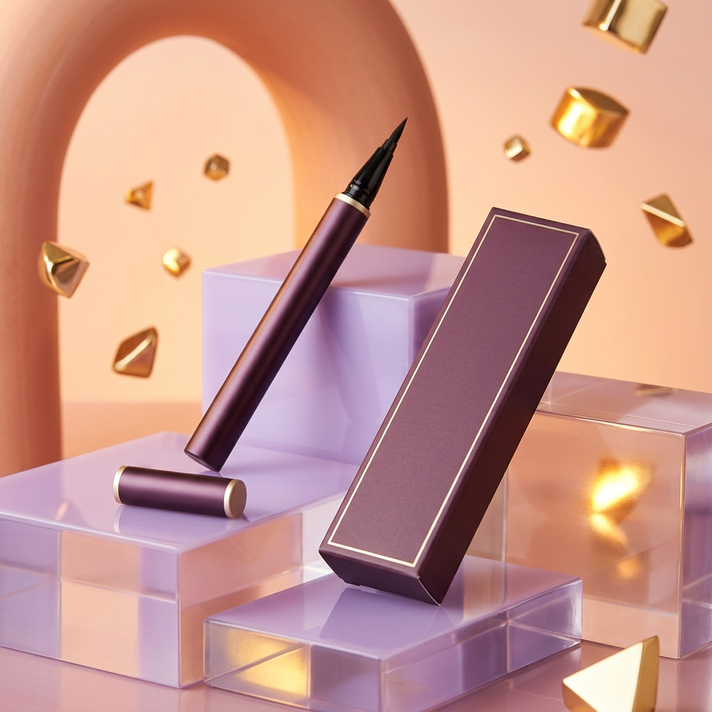 Plum eyeliner and matching plain carton displayed on lilac steps.