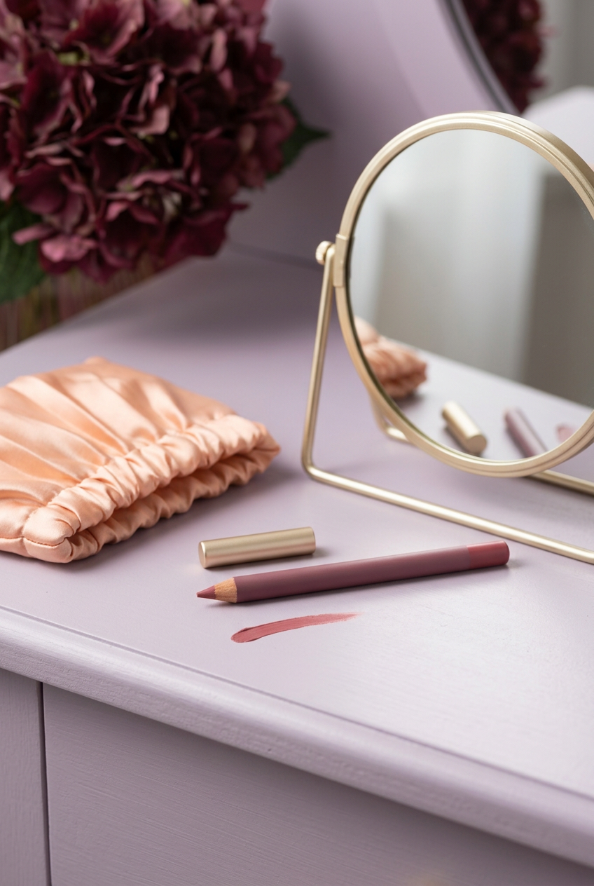 Lip liner beside mirror and peach pouch on lilac vanity
