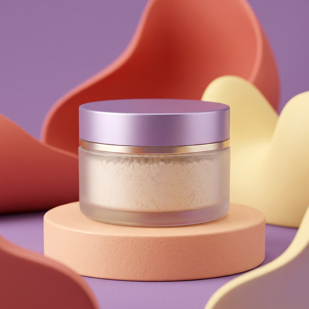 Unbranded lavender-lid loose powder jar on a peach pedestal with colorful backdrop